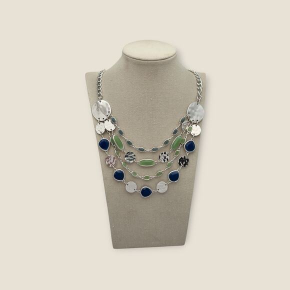 Blue Green Silver Tone Multi Strand Disc Statement Necklace – Layered Boho Chic - Picture 6 of 7